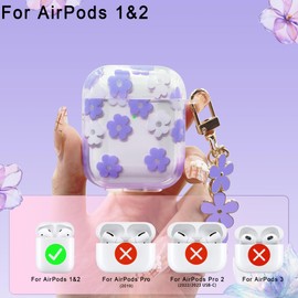 Clear Purple Floral Case for AirPods 2nd/1st Generation Case Cover, 5 in 1 Kit Cute Flower Pendant Full Protective TPU Skin for AirPods Case for Girl Women Gift Transparent, Cleaning Pen, Wrist Strap