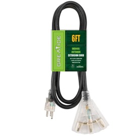GREATIDE 6 Ft Lighted Outdoor Extension Cord with 3 Electrical Power Outlets - 12/3 SJTW Heavy Duty Black Extension Cable with 3 Prong Grounded Plug for Safety, UL Listed