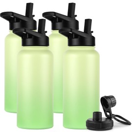DOMICARE 32 oz Insulated Water Bottle Bulk, Vacuum Insulated Stainless Steel Sports Water Bottle with Straw Lid & Spout Lid, Leakproof, Reusable - Travel, Camping, Bike, Green Gradient (4 Pack)