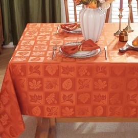 SASTYBALE Fall Tablecloth Rectangle 60 x 84 Inch Maple Leaves Jacquard Waterproof Washable Heavy Weight Damask Table Cloth, Plaid Table Cover for Autumn, Harvest, Thanksgiving, Party, Rusty/Orange