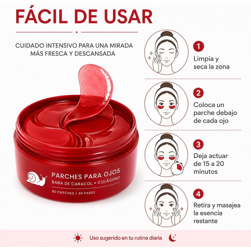 80 Parches para Ojos con Baba de Caracol Colágeno y