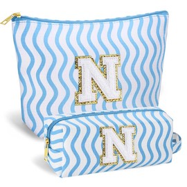 SEFORICO Initial Makeup Bag- Cosmetic Bag Cute Teen Girl Gifts Make Up Case Large Capacity Makeup Bag Travel Bag Gift for Women Valentines Day Bridesmaid Friend Birthday Gifts(Blue N)