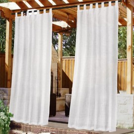 FASCINATDECO Outdoor Curtains, Weatherproof, Semi-Transparent Outdoor Curtain, Waterproof, 2 Pieces, Patio Curtains with Velcro, Linen Look, Outdoor Curtains for Gazebo, 243 x 132 cm, White