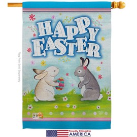 Happy Easter Bunnies Lovely Egg Garden House Flags Set Springtime Bunny Christian Season Holiday Small Decorative Gift Yard Banner Made In USA 28 X 40
