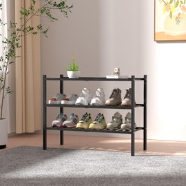 ROMGUAR CRAFT 3 Tier Bamboo Shoe Rack for Closet Free Standing Wood Shoe Shelf Storage Organizer for Entryway Small Space Stackable 27"x11"x20" (Black)