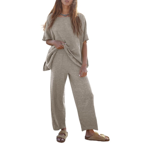 Tankaneo Women's 2 Piece Travel Outfits Casual Short Sleeve Knit