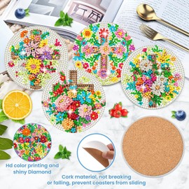 Generic 6Pcs Religious Cross Diamond Art Painting Coasters Kit with Holder, Diamond Art Coasters, DIY Diamond Art Crafts Projects, Diamond Art Kits for Adults and Beginners