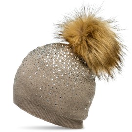 Caspar MU188 Women's Fine Knitted Glitter Rhinestone Winter Hat with Fur Bobble -