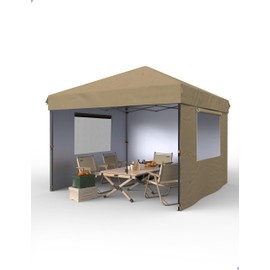 KYBOLT 10x10 Ft Pop Up Canopy Tent Easy One Person Set-up, Instant Portable Shelter with 3Pcs Sidewalls 4 Sandbags for Patio, Outdoor Activities (Khaki)