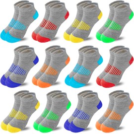 Tsmollyu Boy Socks 12 Pairs Ankle Athletic Cotton Sock Half Cushioned Low Cut Sock For Little Big Kids Age 3-10(5-7 Years)