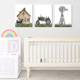SKYSUKEY Barnyard Rustic Farm Nursery Decor Set of 3 Farmhouse Prints Watercolor Barn Green Tractor Windmill Farmhouse Nursery Room Wall Decor for Baby Boy Framed Canvas Wall Art 12"x16"
