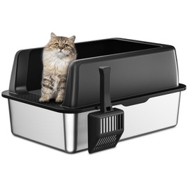 Zarler Stainless Steel Litter Box with Lid, Extra Large Cat Litter Boxes, XL Large Metal Litter Box for Big Cats with High Sided, Black (Non-Sticky, Easy to Clean, Anti-Urine Leakage)