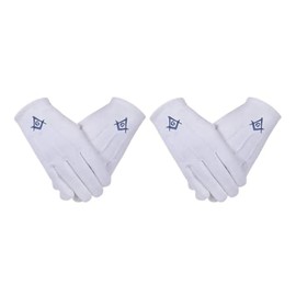 Masonic Gloves Blue Lodge Square & Compass Embroidered Logo White 100% Cotton (2 Pair)