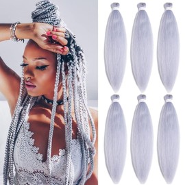 Pre Stretched Braiding Hair Silver Braiding Hair Extensions for Braids 26 Inch 6 Packs Yaki Textured Crochet Synthetic Hair Hot Water Setting Crochet Extensions (26 Inches, Silver#)