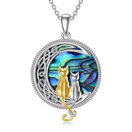 TOUPOP Silver and Gold Cat Necklace 925 Sterling Silver Cat on the Moon Necklace with Abalone Shell Cat Lovers Celtic Cat Jewelry Gifts for Women Birthday Christmas