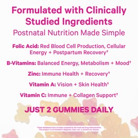 Pink Stork Total Postnatal Vitamin Gummies - Multivitamin for Postpartum Recovery and Lactation Support - Folic Acid, B6, & Vitamin C - Postpartum Essentials - 60 Gummy Vitamins