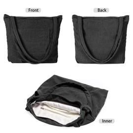 WantGor Women Corduroy Tote Bag, Large Shoulder Hobo Bags Casual Handbags Big Capacity Shopping Work Bag (Black)
