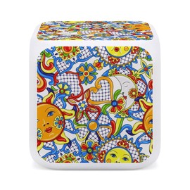 Colorful Mexican Traditional Talavera Ceramic Ethnic Folk Motifs Mini Digital Alarm Clocks, Wake Up Bedside Clock, LED Night Glowing Cube Clock Desk Table Clock with Data and Temperature Gift