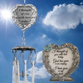 Memorial Wind Chimes and Candle Holder Set - I Thought of You with Love Today Poem - Bereavement Sympathy Condolence in Loving Memory Sentiment Chime is 15" L