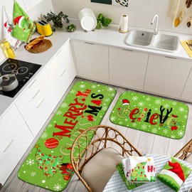FuWeave Xmas Kitchen Rugs Kitchen Mats Towels Christmas Red Green Towels Holiday Decor Farmhouse Decor for Home Waterproof Non Slip Kitchen Rugs and Towels(Green, White,Christmas)