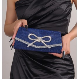 Trisapu Bow Evening Bag Sparkly Clutch Purses for Women Wedding Glitter Rhinestone Party Prom Purse Dressy Clutch Bags Blue