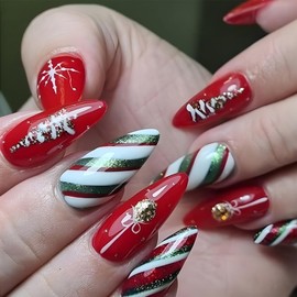 Christmas Press on Nails medium almond fake nails with Gold Glitter Xmas Tree Designs Winter Snowflake Colorful Stripe False Nails Full Cover Red Glossy Acrylic Nails for Women Manicure Decor 24Pcs