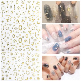 12 Sheets Gold Nail Art Stickers Decal 3D Self-Adhesive Metallic Geometry Star Moon Planet Heart Nail Art Design Stickers for Acrylic Nails Supplies DIY Manicure Decoration Accessories for Women Girls