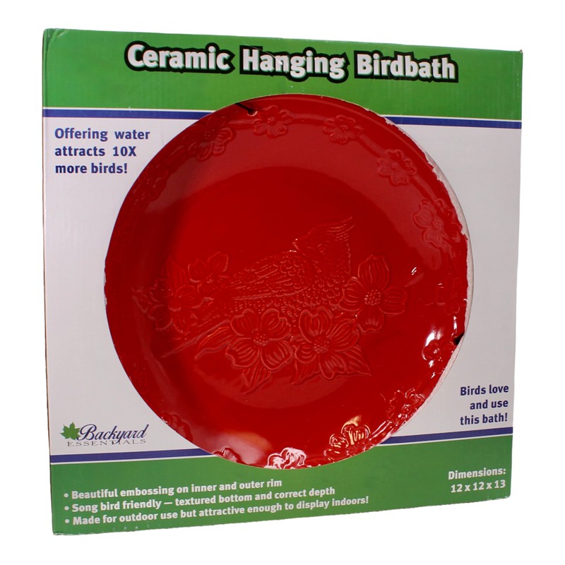 Backyard Essentials Red Ceramic Hanging Birdbath, Black Metal Chain Hanger,