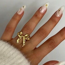 Elegant Gold Bow Ring, Adjustable Cuff Style, 3D Ribbon Design