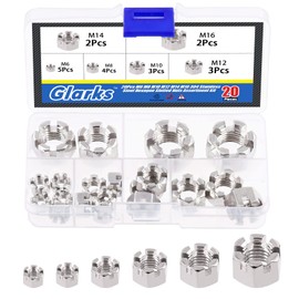 Glarks 20Pcs M6 M8 M10 M12 M14 M16 304 Stainless Steel Hexagon Slotted Nuts Assortment Kit, 6 Size Castle Nuts for Car Moto Furniture Fasteners Repair