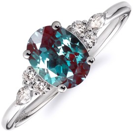 AUMIFY Alexandrite Engagement Rings for Women, Oval Cut 6x8mm Promise Ring w/Side Moissanite Stone, 925 Sterling Silver Plated White Gold, Gift for Anniversary Birthday Mother's Day (7, White Gold)