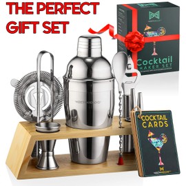Mixology & Craft Cocktail Shaker Set - Bartender Kit w/Bamboo Stand - Bar Set Includes Martini Shaker, Jigger, Strainer, Tongs, Bar Mixer Spoon, Bottle Opener - Drink Mixing Bar Tools