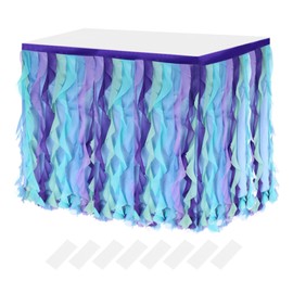 MECCANIXITY 9ft Blue Purple Tutu Table Skirt, Tulle Curly Willow Table Skirt for Rectangle Tables, Ruffle Table Skirt for Birthday Wedding Gender Reveal Party