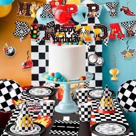 Race Car Birthday Decorations, 87 Pcs Race Car Birthday Party Decorations&Race Car Birthday Party Tableware Set - Race Car Birthday Plates Napkins Balloons Hanging Swirl etc Racing Car Party Supplies