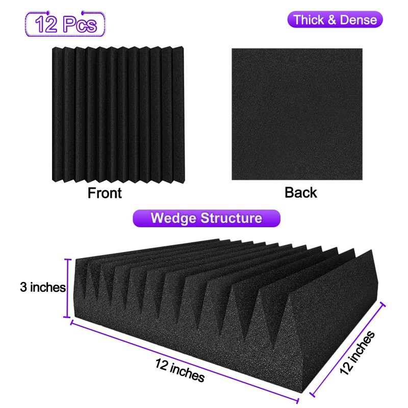 TroyStudio Thick Acoustic Foam Panels, 12 X 12 X 3