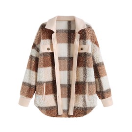 ZAFUL Women's Fuzzy Fleece Jacket Oversized Casual Plaid Button Down Sherpa Pockets Coat Outerwear