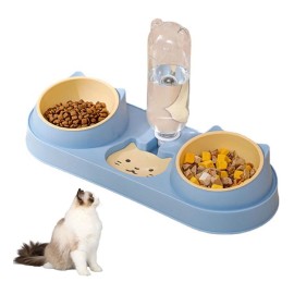 Unbranded Triple Cat  Feed Bowls 3 In 1 Raised Automatic Water Dispenser NIB Blue