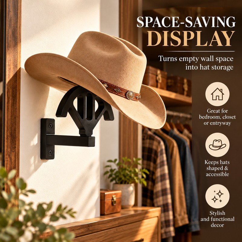 Wooden Cowboy Hat Rack – Adjustable Wall-Mounted Hat Holder for