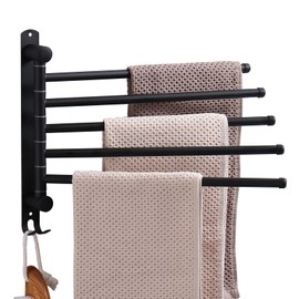 Swivel Towel Rack, 14" Thicken 304 Stainless Steel 5-Arm Adjustable Towel Bar,Wall Mounted Towel Holder with Hook, Space Saving for Kitchen, Bathroom, Outdoor (Black, 5 Arms)