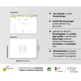 Frank Paperman 1 x Certificate for Marriage | Original Wedding Gifts | Floral Design | Wedding Card | DIN A4 Format | Wedding Surprise Registry Office