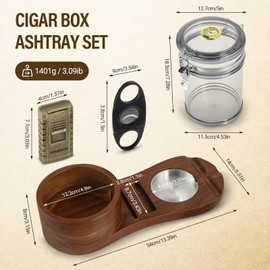 SEMKONT Cigar Humidor, Solid Wood Cigar Ashtray & Acrylic Cigar Jar Kit with Cigar Cutter, Cigar Lighter, Humidifier and Dropper, Cigar Accessories for Men, Holds About 18-20 Cigars, brown