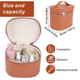 Makeup Bag, Leather Makeup Organizer Case With Compartments and Handle Portable Vanity Case Travel Toiletry Bag for Women (Brown)