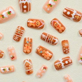 Christmas Press on Nails Brown Medium Square Fake Nails with Gingerbread Man Design Snowflake Glue on Nails Ice Cream Holly Stick on Nails Reusable Glossy Winter False Nails for Women Holiday Manicure