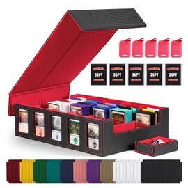 Kabinka Trading Card Storage Box with Commander Display, 5-Row Deck Case with Removable Lid; 3900+ Card Deck Box for MTG TCG Sports Card, 5 Toploaders, 5 Stoppers, 48 Dividers,1 Dice Tray (Black Red)