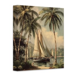 Vintage Seascape Painting of Rum Cay-Coastal Tropical 28x36 Beach House Canvas Poster Decor- Sailboat & Palm Trees - Antique Nautical Island Art - Summer Home Decor & Historical Beach House Landscapes