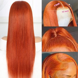 24Inch Ginger Lace Front Wigs Human Hair 180% Density 13x4 Straight Lace Front Wigs Human Hair Pre Plucked 350# Colored Wig Ginger Wig Human Hair with Natural Hairlin Ginger Orange Wigs for Women