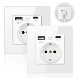 Pack of 2 16 Amp Schuko Socket with USB, Single Socket with USB, Protective Contact Wall Socket, Simple with Glass Frame, USB Socket Flush-Mounted in White, Type C Port Max. 3.1 A