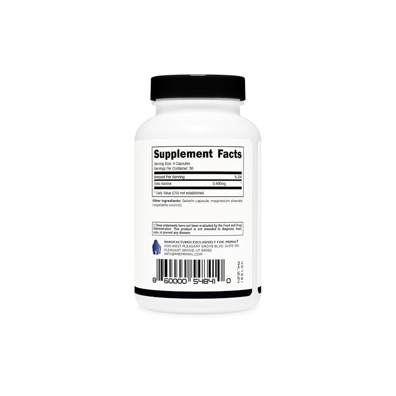 Primal- “Cápsulas de BetaAlanina 3400mg (30 Porciones, 120 Cápsulas) Suplemento,