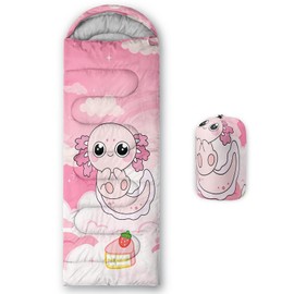 AILONEN Pink Cute Axolotl Sleeping Bag,3 Season Warm & Cool Weather,Lightweight,Waterproof,Cartoon Sky Axolotl Sleeping Bag for Boys Girls Kids Adults,Traveling,Outdoors