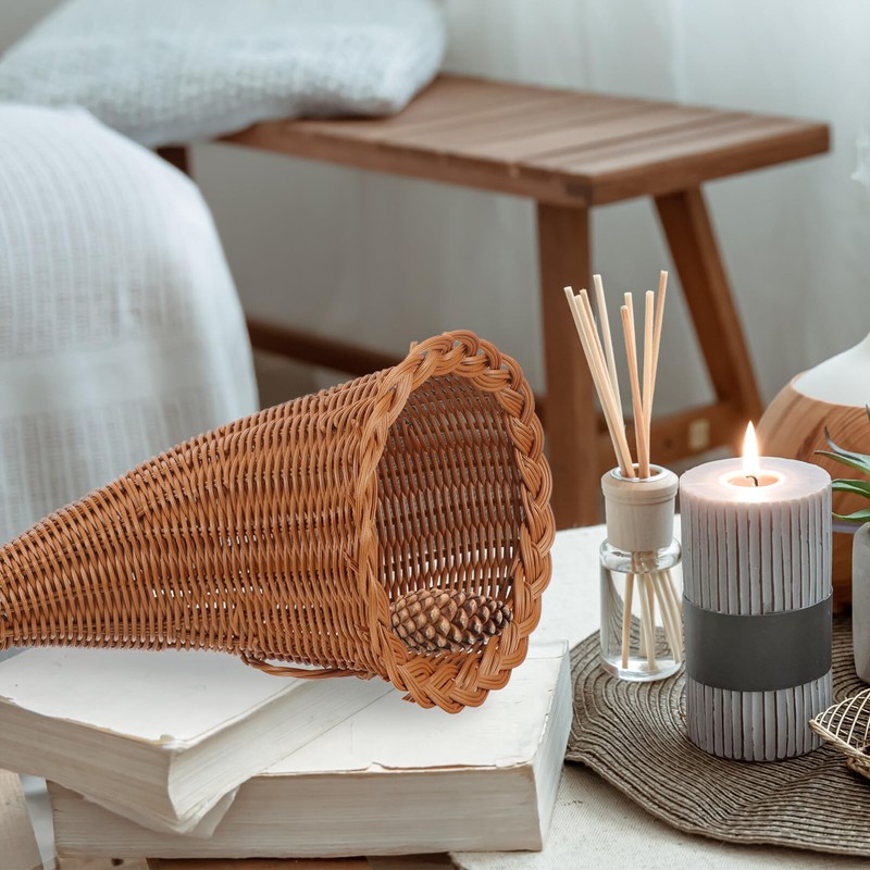 Garneck Thanksgiving Cornucopia Basket, Table Decoration Rattan Cornucopia Centerpieces Wicker